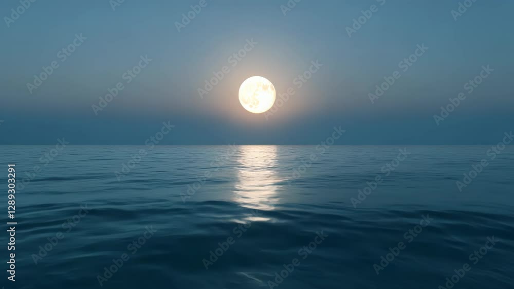 A serene ocean landscape at dusk with a large moon reflecting on the water. A serene ocean landscape at dusk with a large moon reflecting on the water.