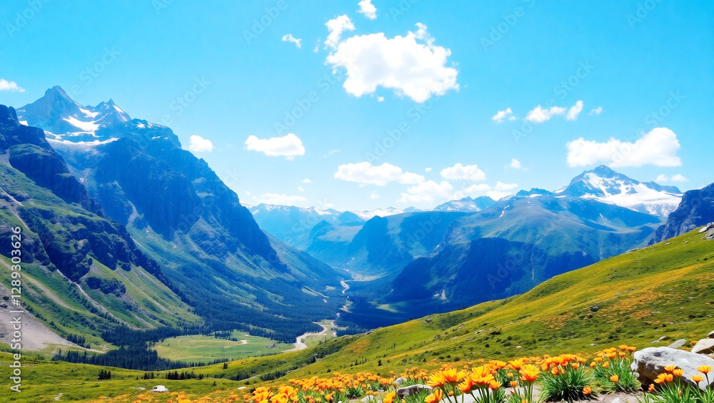 Naklejka premium Stunning Mountain Valley with Wildflowers and Snow-Capped Peaks
