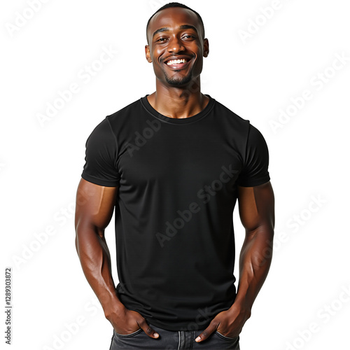 Handsome Black man portrait, early thirties, casual style in t-shirt and jeans. Relaxed, approachable. Isolated on transparent background. Ideal for lifestyle, fashion, and business.