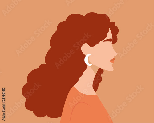 red curly hair woman side profile, long hair woman illustration vector