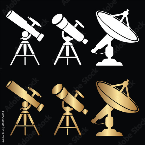 Elegant Telescope and Satellite Dish Icons - White and Gold Astronomy Symbols