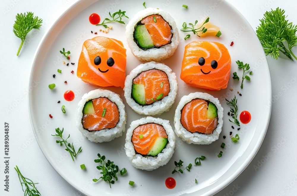 Colorful sushi platter with cheerful faces made of salmon, cucumber, and rice garnished with herbs and sauces on a white plate Colorful sushi platter with cheerful faces made of salmon, cucumber, and rice garnished with herbs and sauces on a white plate