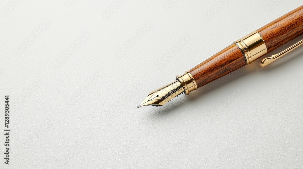A close-up view of an elegant fountain pen with a wooden body and gold accents, resting on a light-colored surface. A close-up view of an elegant fountain pen with a wooden body and gold accents, resting on a light-colored surface.