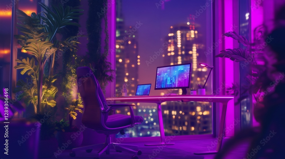 Fototapeta premium Modern neon lit workspace overlooking a vibrant cityscape at night