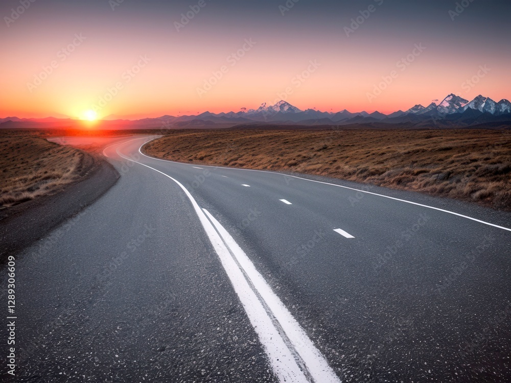 Naklejka premium flat road leading to the mountains at dawn