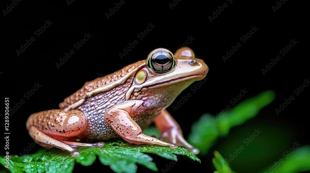 Fototapeta premium Rainforest frog perched on leaf, dark background. Nature photography for wildlife publications