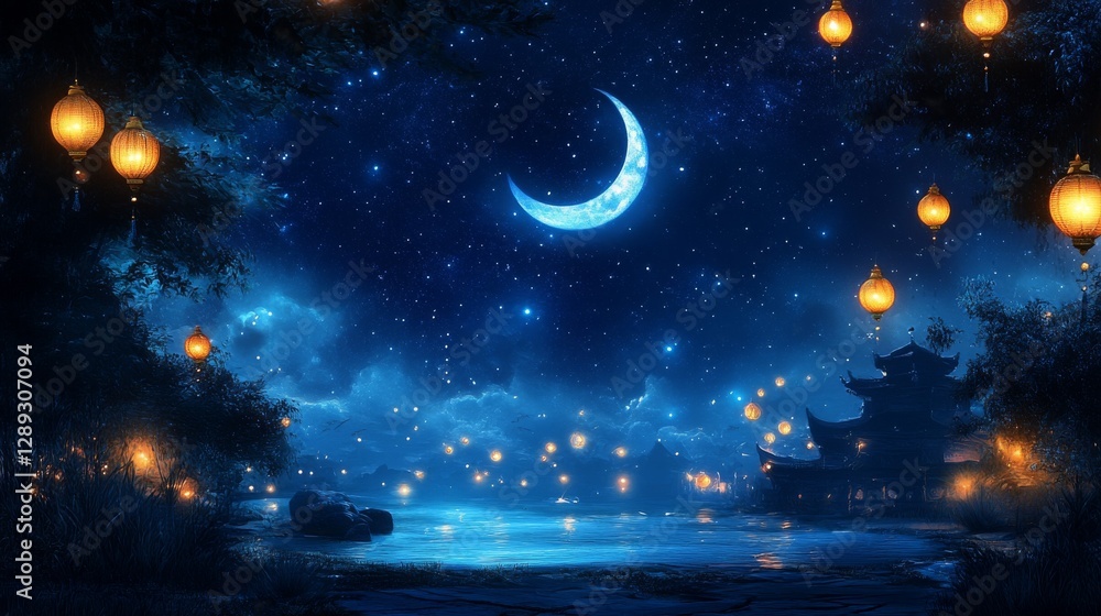Crescent moon and stars in dark sky with lanterns – ramadan celebration Crescent moon and stars in dark sky with lanterns – ramadan celebration