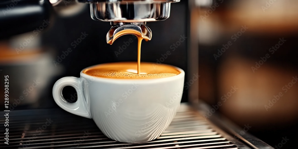 Fototapeta premium Freshly brewed espresso with rich crema in white ceramic cup from modern espresso machine, cozy coffeehouse atmosphere, copy space