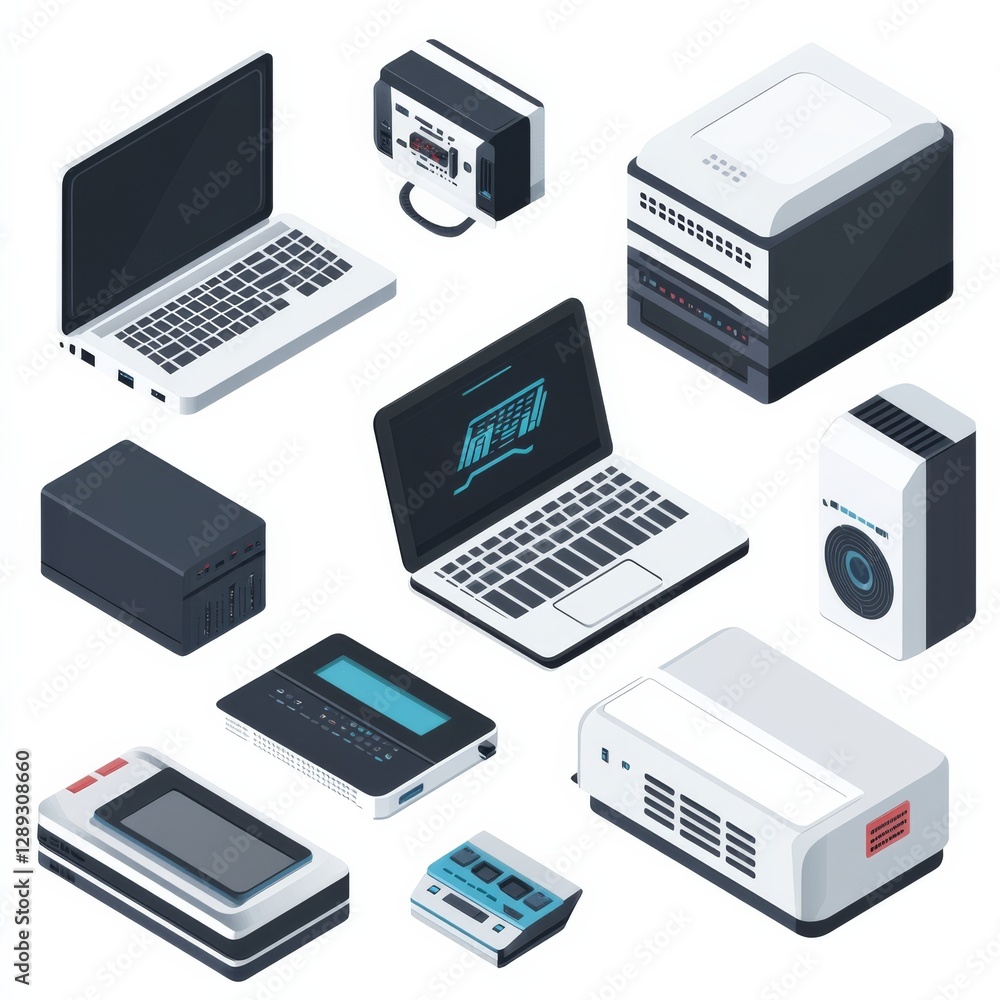 Isometric View of Various Electronic Devices: Laptops, Servers, and Peripherals in a Clean, Modern Style Isometric View of Various Electronic Devices: Laptops, Servers, and Peripherals in a Clean, Modern Style