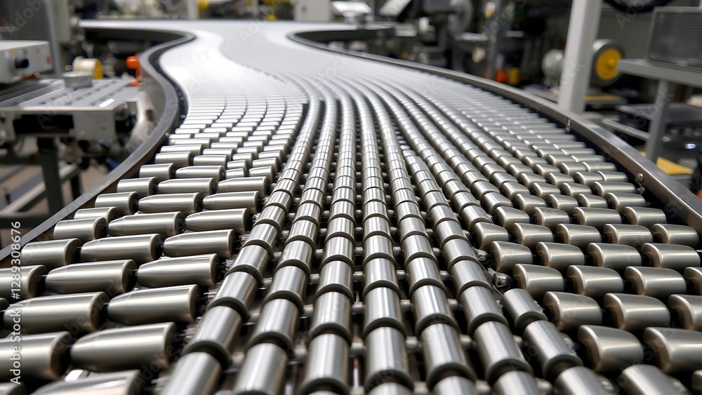 Obraz premium Modern industrial conveyor belt system transporting products in a manufacturing facility, automated production process with efficient logistics flow