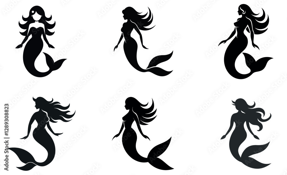 Obraz premium Simple Black Silhouette Mermaids Set Against White Background