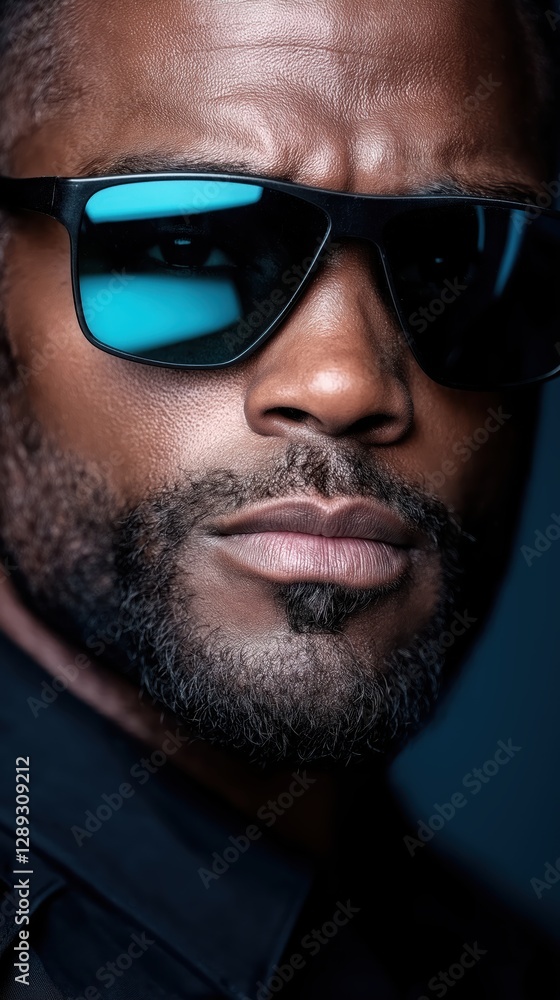Obraz premium Black male police officer wearing sunglasses exudes seriousness against a white background