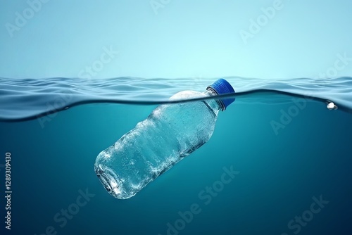 Floating plastic water bottle underwater ocean environment photography blue background environmental awareness