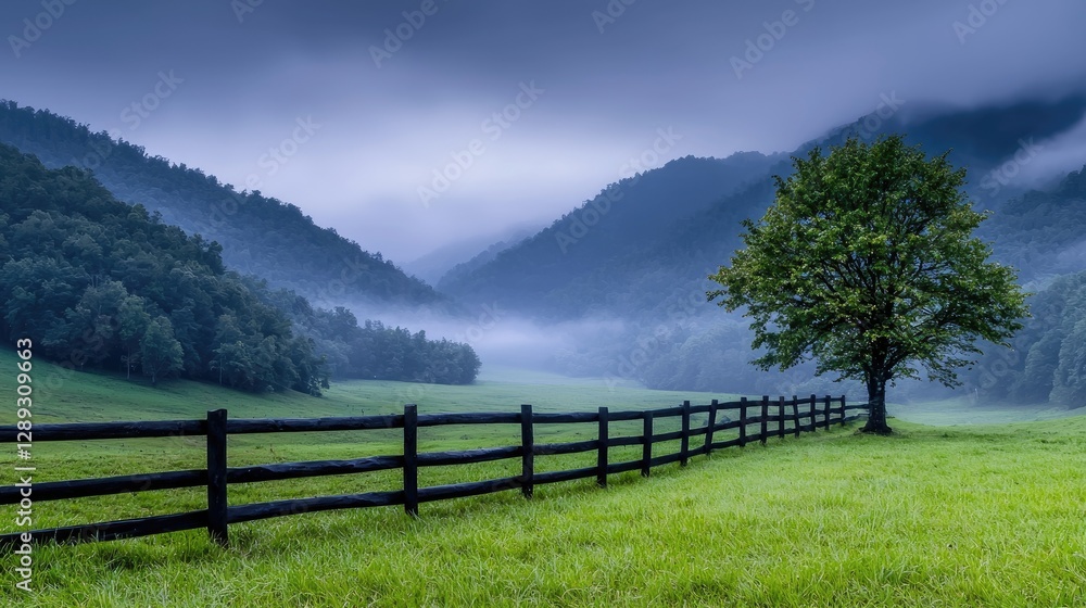 Misty mountain valley, lone tree, green pasture, wooden fence Misty mountain valley, lone tree, green pasture, wooden fence