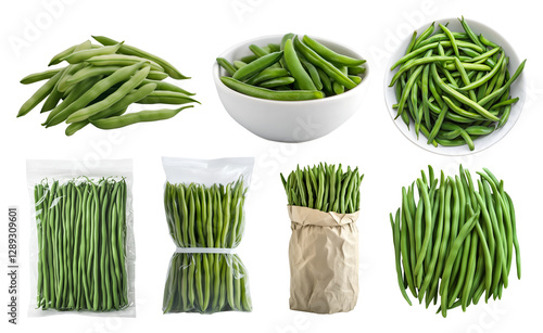 Long green string french bean fruits stem, many angles view side top front, bowl, paper bag, plastic package pack wrap, bundled isolated on transparent cutout PNG. Mockup template for graphic design	 photo