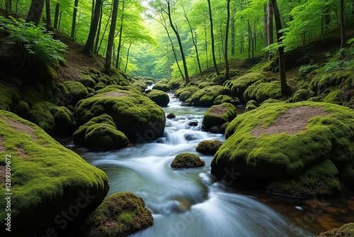 Serene river flowing through lush green forest nature photography tranquil landscape peaceful environment photo