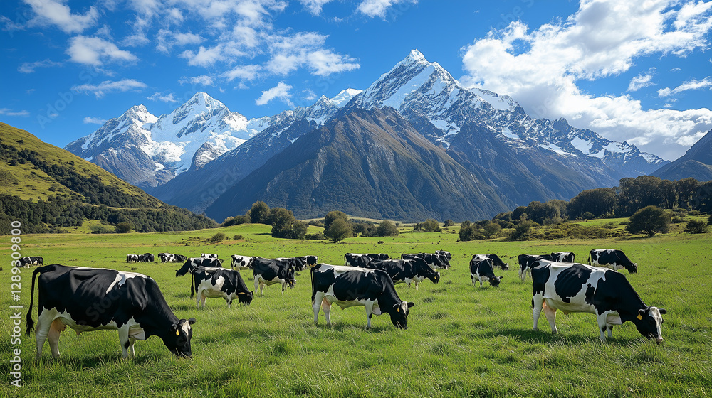 Idyllic Pastoral Landscape with Grazing Cows and Snow-Capped Mountains Idyllic Pastoral Landscape with Grazing Cows and Snow-Capped Mountains