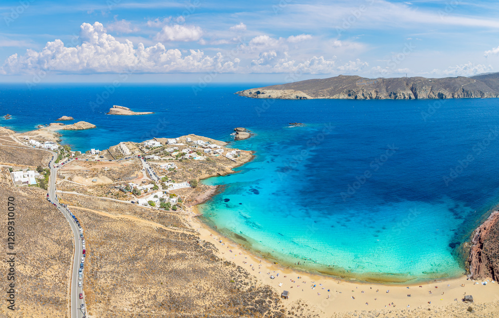 Landscape with Agios Sostis beach, Mykonos island, Greece Cyclades