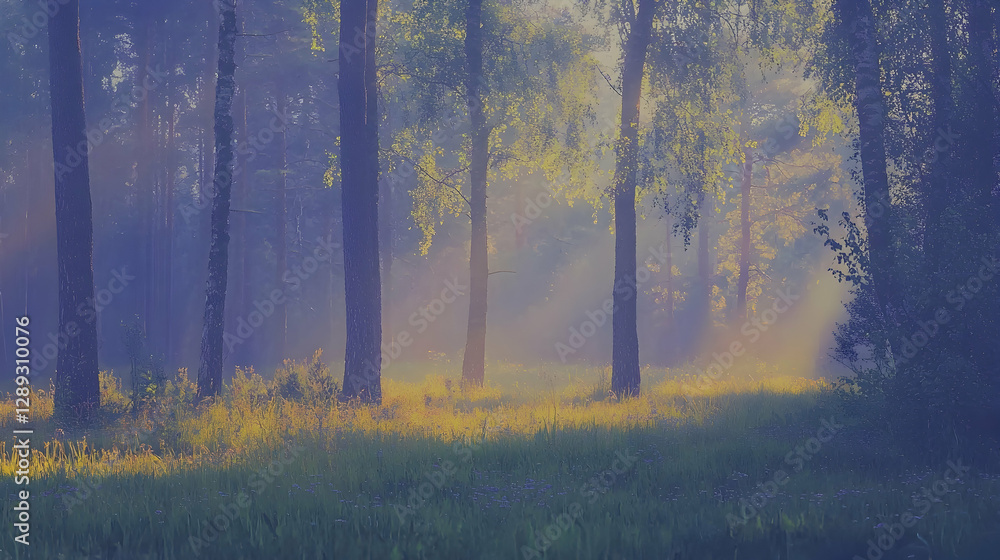 Misty sunrise illuminating tall trees in a forest clearing, peaceful morning scene, nature background for websites or print Misty sunrise illuminating tall trees in a forest clearing, peaceful morning scene, nature background for websites or print