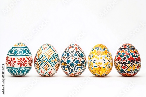 Ukrainian ornament flower pattern on pastel colors eggs, white background, Easter time