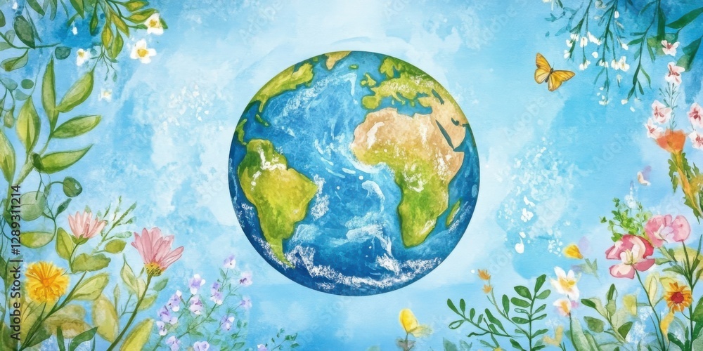Naklejka premium Planet Earth with flowers around the planet, blue background. Environmental theme, watercolor drawing style.