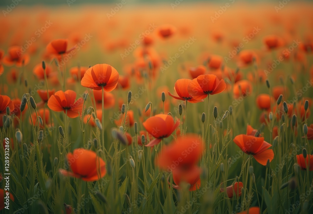 Fototapeta premium Field of vibrant red poppies in full bloom with a warm sunset background