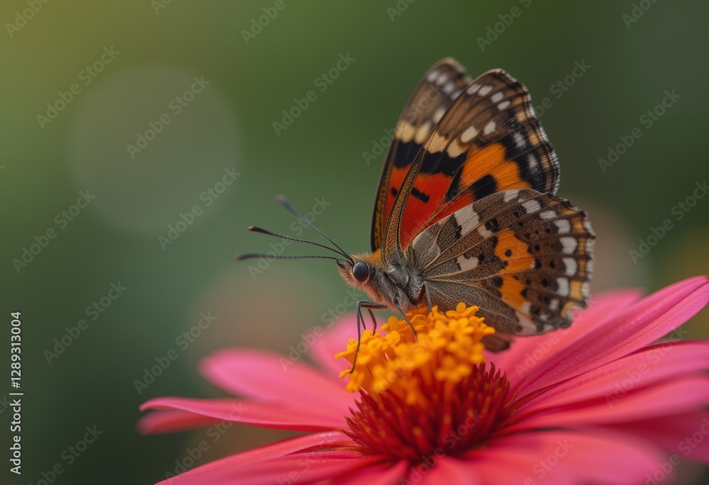 Closeup of a colorful butterfly resting on a bright pink flower with yellow stamen Closeup of a colorful butterfly resting on a bright pink flower with yellow stamen