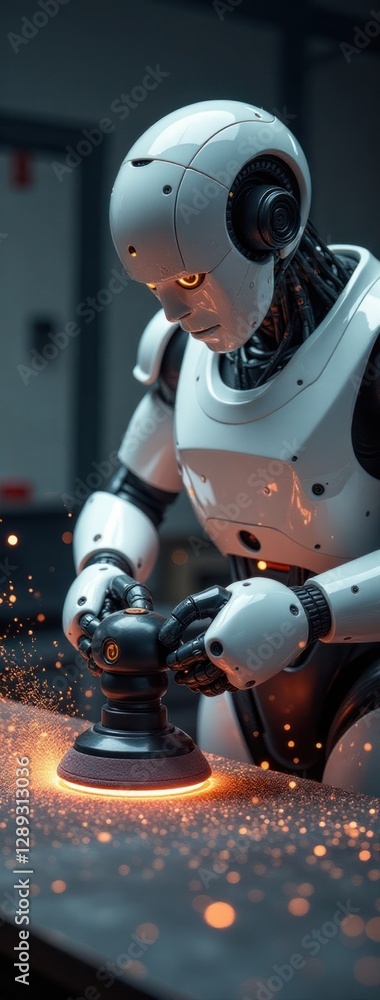 AI Robot Grinding and Polishing Metal with Sparks. Automated Industrial Worker. Excellent for illustrating articles and presentations about AI-driven automation in manufacturing and industry AI Robot Grinding and Polishing Metal with Sparks. Automated Industrial Worker. Excellent for illustrating articles and presentations about AI-driven automation in manufacturing and industry