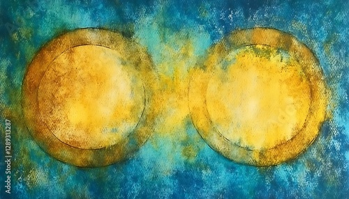 Abstract art with two golden circles in turquoise background