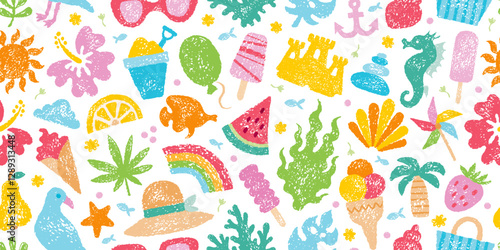 Beach summer pattern. Sea seamless bg. Crayon element background with palm, sun, sand castle, algae, ice cream, shell, rainbow, pinwheel. Boho abstract travel seamless pattern with summer sea beach
