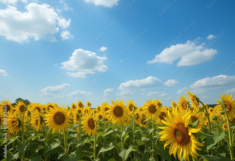 Fototapeta premium Sunflowers in full bloom under a bright blue sky with scattered clouds