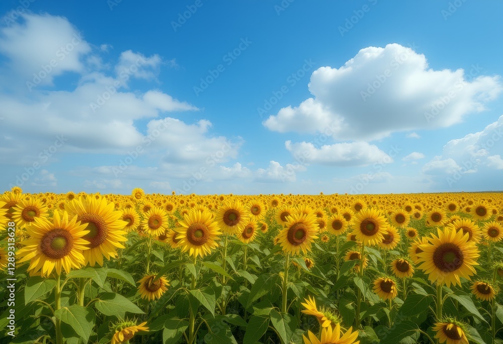 Fototapeta premium Field of sunflowers under a clear blue sky with fluffy white clouds