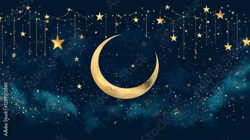 Wallpaper Mural Blue crescent moon and star against a dark night sky, symbolizing ramadan celebration. Torontodigital.ca