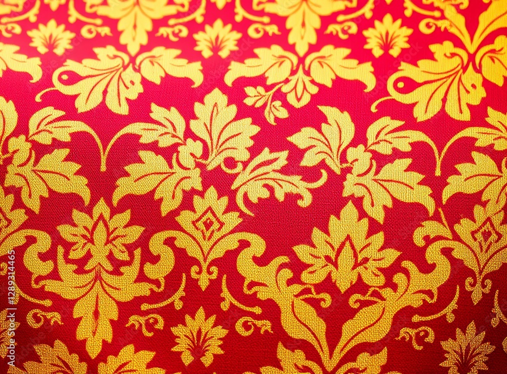 Luxurious Red and Gold Damask Fabric Close Up, Elegant Floral Pattern Design Luxurious Red and Gold Damask Fabric Close Up, Elegant Floral Pattern Design
