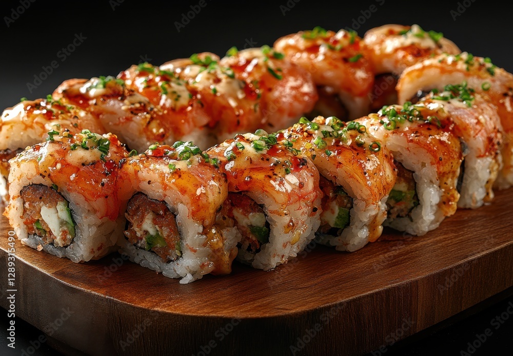 Delicious assortment of sushi rolls plated on a wooden board garnished with herbs and spicy sauce, showcasing vibrant colors and textures for culinary photography Delicious assortment of sushi rolls plated on a wooden board garnished with herbs and spicy sauce, showcasing vibrant colors and textures for culinary photography