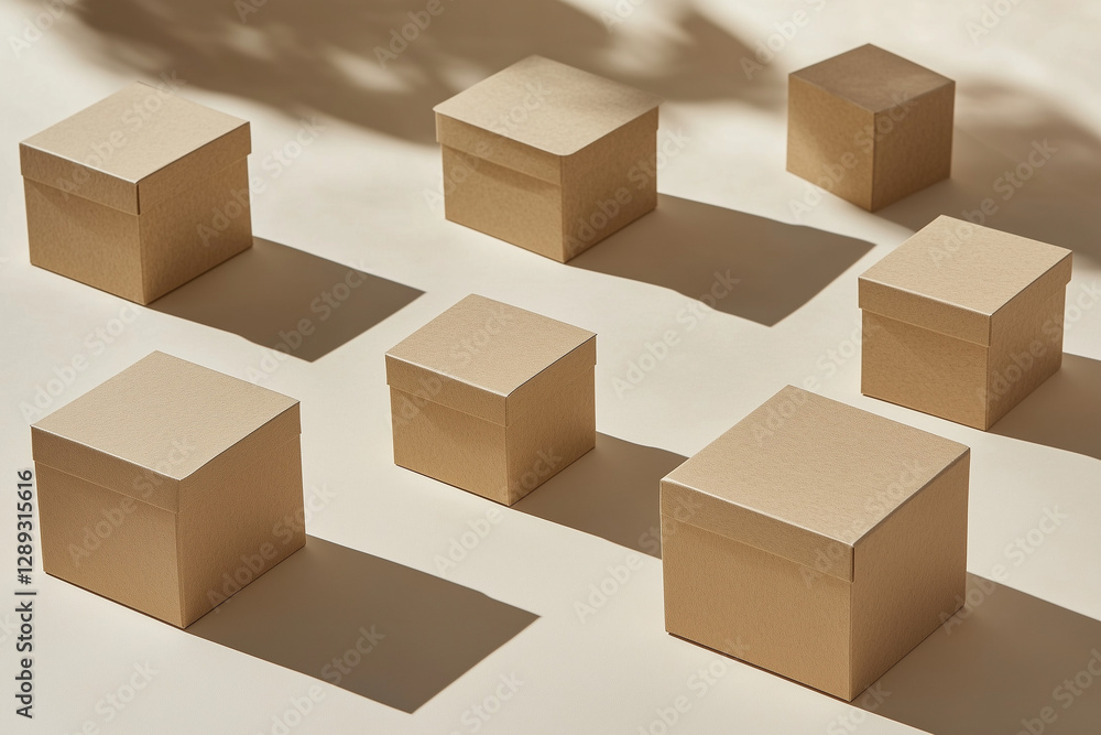 A soft, golden light illuminates stacked brown cardboard boxes, creating a calm and inviting atmosphere, ideal for rustic, earthy-themed packaging or holiday gift displays A soft, golden light illuminates stacked brown cardboard boxes, creating a calm and inviting atmosphere, ideal for rustic, earthy-themed packaging or holiday gift displays