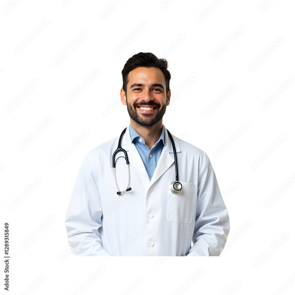 Smiling Male Doctor in White Coat with Stethoscope Isolated on Transparent Background Smiling Male Doctor in White Coat with Stethoscope Isolated on Transparent Background