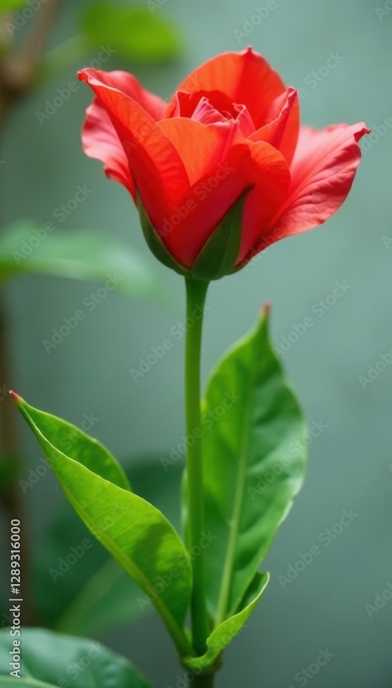 An elegant red bloom emerging from a green leaf stem, organic, nature