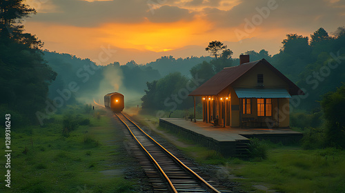 Train Approaching at Sunset Near Countryside Station Amidst Lush Landscape photo