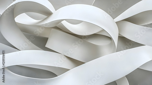 Abstract White Ribbons Swirling, Studio Shot, Minimalist Background, Design Element