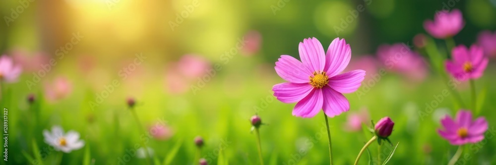 Pink cosmos blooms on a lush green grassy meadow, blooming flowers, nature, field Pink cosmos blooms on a lush green grassy meadow, blooming flowers, nature, field