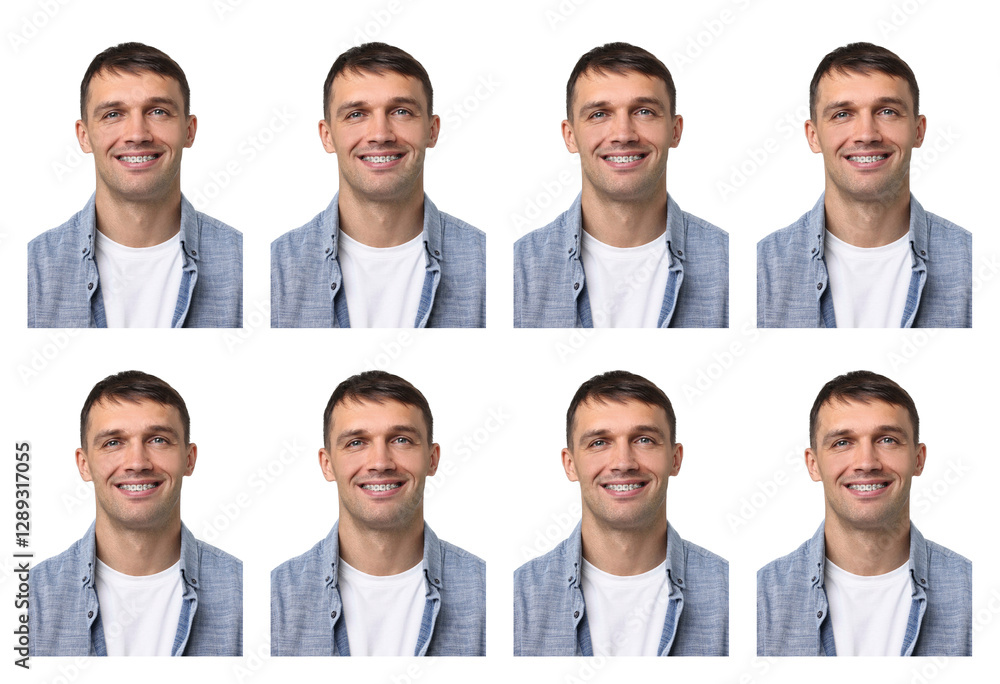 Fototapeta premium Photo of man for passport or other document on white background, set