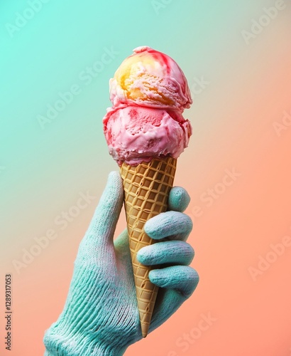 A winter wool-gloved hand holding an ice cream cone with strawberry fudge against a teal and orange background