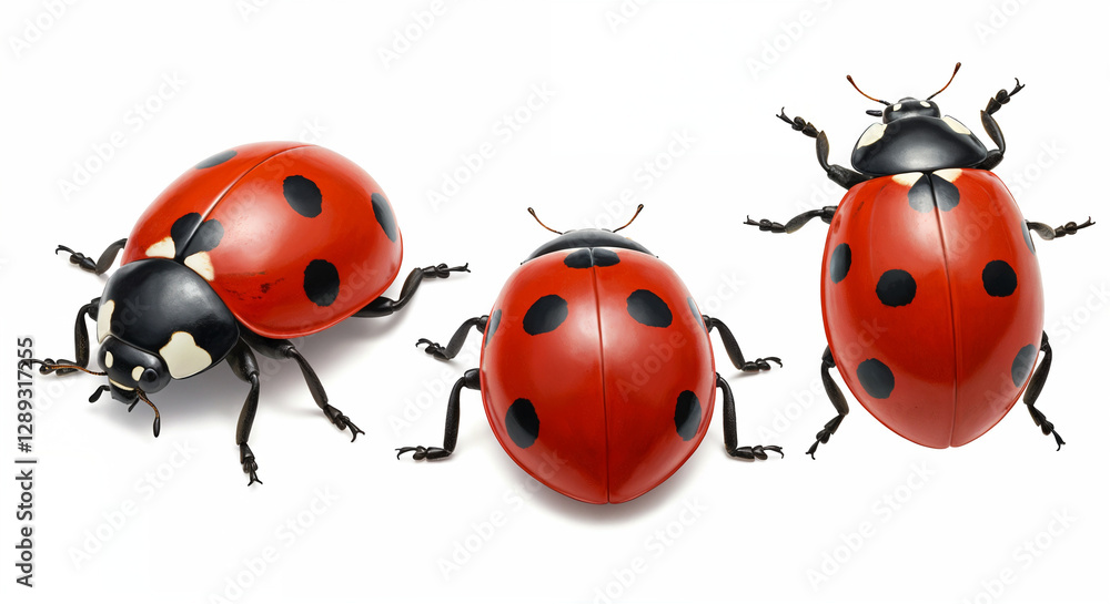 Set of three ladybugs in different poses on a pure white background, isolated, detailed and realistic Set of three ladybugs in different poses on a pure white background, isolated, detailed and realistic