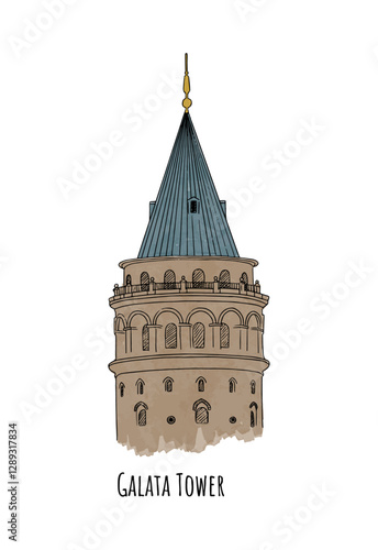 Hand drawn watercolour sketch of Galata Tower. Vector illustration of famous ancient landmark in Istanbul isolated on white background.