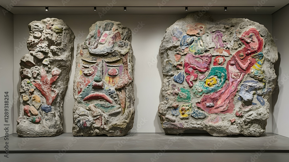 Fototapeta premium Colorful stone carvings displayed in modern gallery, showcasing abstract figures and faces against a minimalist background, ideal for art or culture publications