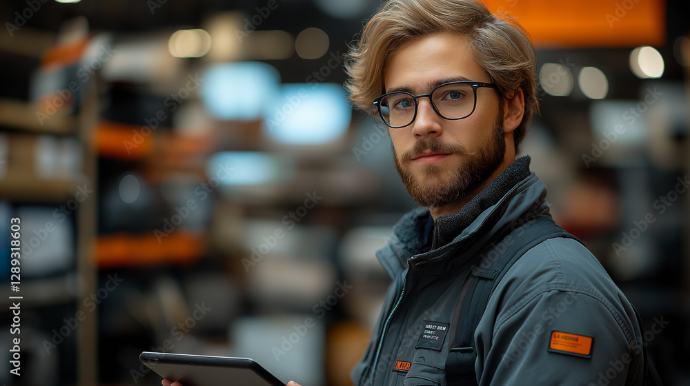 A young man with glasses holds a tablet, focused on digital tasks in a well-organized warehouse, surrounded by various products and shelves in bright lighting A young man with glasses holds a tablet, focused on digital tasks in a well-organized warehouse, surrounded by various products and shelves in bright lighting