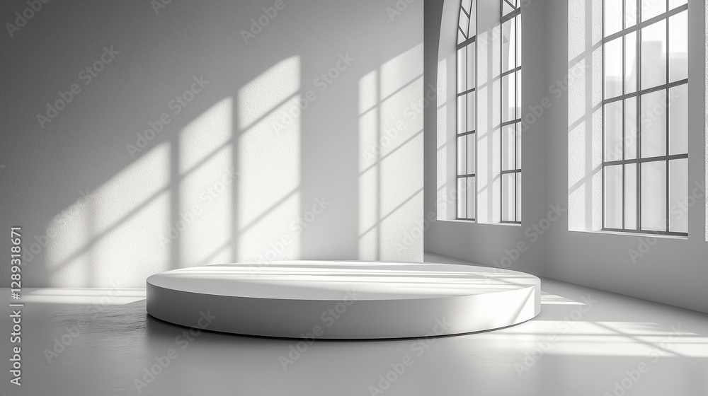 Sunlight streams through large windows, casting intricate shadows across a minimalistic room. A smooth, circular platform rests in the center, inviting creativity and inspiration Sunlight streams through large windows, casting intricate shadows across a minimalistic room. A smooth, circular platform rests in the center, inviting creativity and inspiration