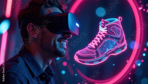 Excited Man VR Shopping for Holographic Shoes. Futuristic Footwear Retail. Perfect for illustrating articles about the future of footwear retail, VR shopping experiences