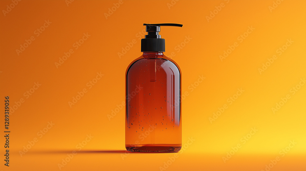 A sleek amber bottle with a black pump sits gracefully on a bright orange background, capturing attention. The design suggests a luxurious product, inviting exploration and use A sleek amber bottle with a black pump sits gracefully on a bright orange background, capturing attention. The design suggests a luxurious product, inviting exploration and use